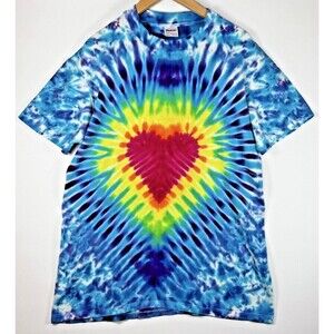 Vintage 90s Tie Dye T Shirt Men Large Blue Rainbow Heart Psychedelic Made in USA